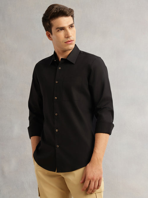 Thomas Scott Men Black Premium Regular Fit Long Sleeves Spread Collar Textured 100% Cotton Casual Shirt