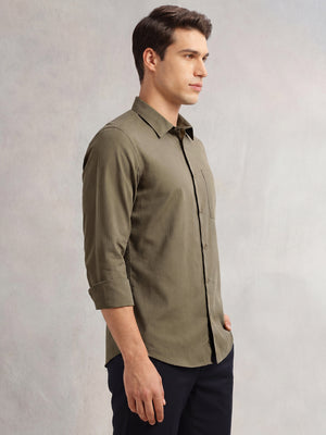 Thomas Scott Men Olive Premium Regular Fit Long Sleeves Spread Collar Textured 100% Cotton Casual Shirt