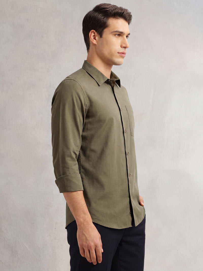 Thomas Scott Men Olive Premium Regular Fit Long Sleeves Spread Collar Textured 100% Cotton Casual Shirt