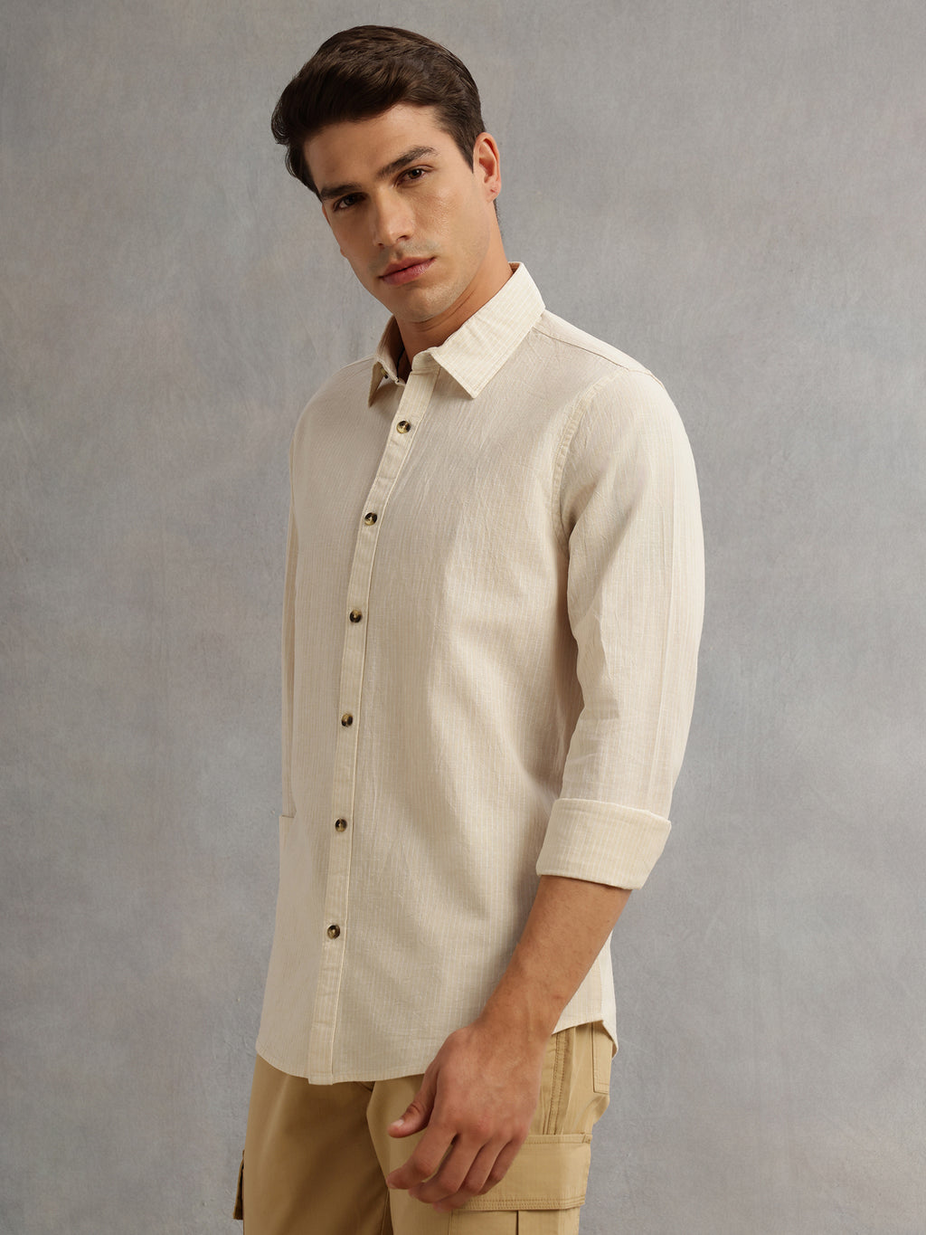Thomas Scott Men Beige Cricket Club Collection Premium Slim Fit Long Sleeves Spread Collar Textured Cotton Linen Shirt