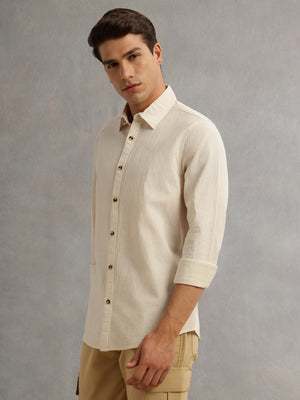 Thomas Scott Men Beige Cricket Club Collection Premium Slim Fit Long Sleeves Spread Collar Textured Cotton Linen Shirt