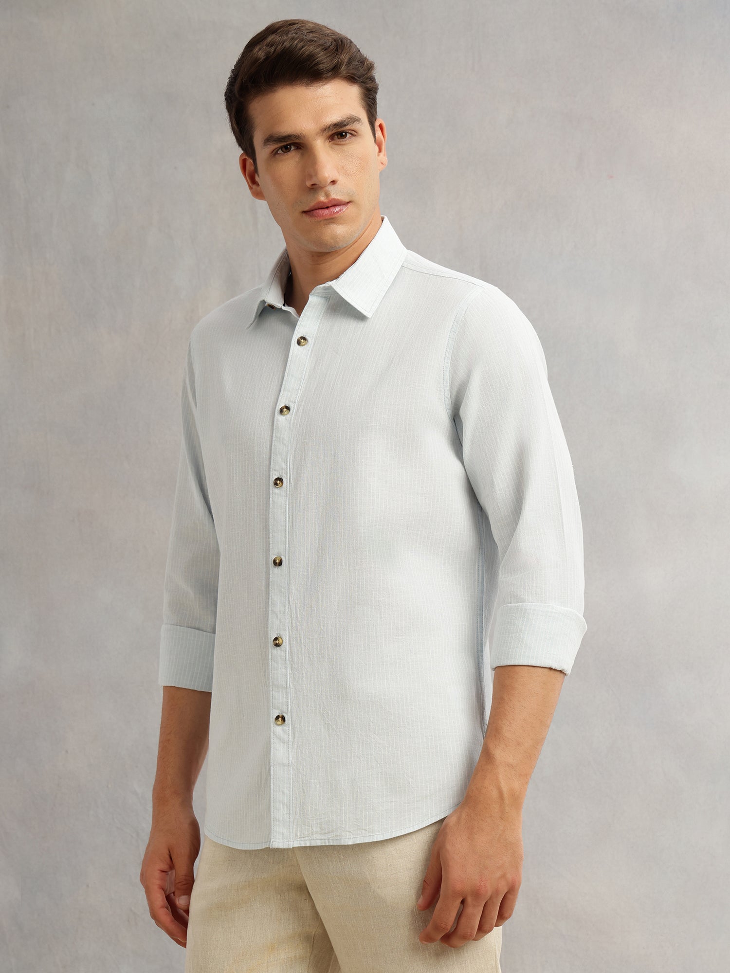 Thomas Scott Men Blue Cricket Club Collection Premium Slim Fit Long Sleeves Spread Collar Textured Cotton Linen Shirt