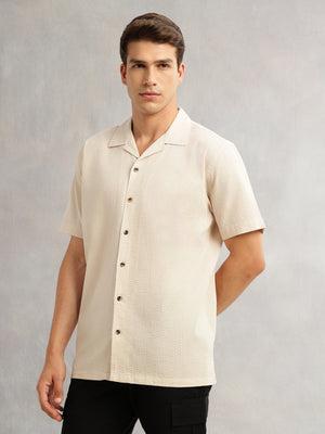 Thomas Scott Men Beige Premium Oversized Fit Short Sleeves Cuban Collar 100% Cotton Seersucker Shirt