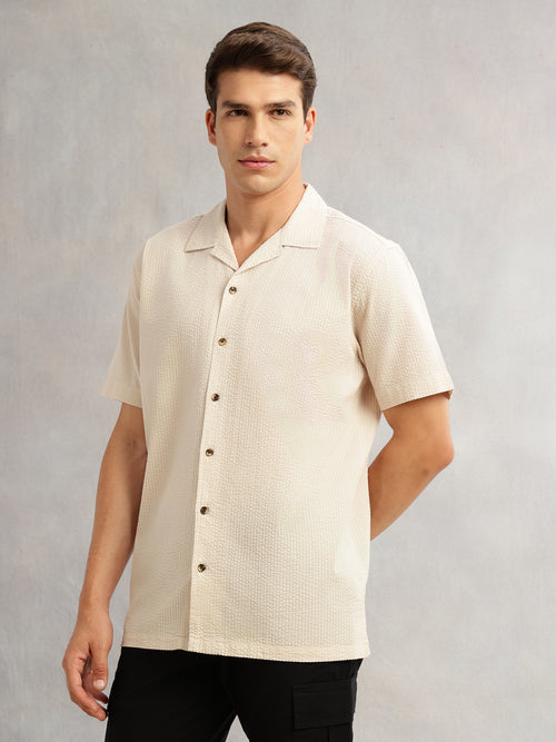 Thomas Scott Men Beige Premium Oversized Fit Short Sleeves Cuban Collar 100% Cotton Seersucker Shirt
