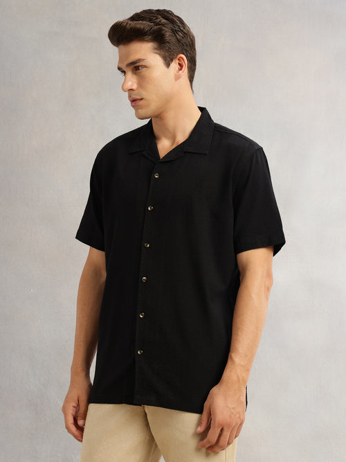 Thomas Scott Men Black Premium Oversized Fit Short Sleeves Cuban Collar 100% Cotton Seersucker Shirt