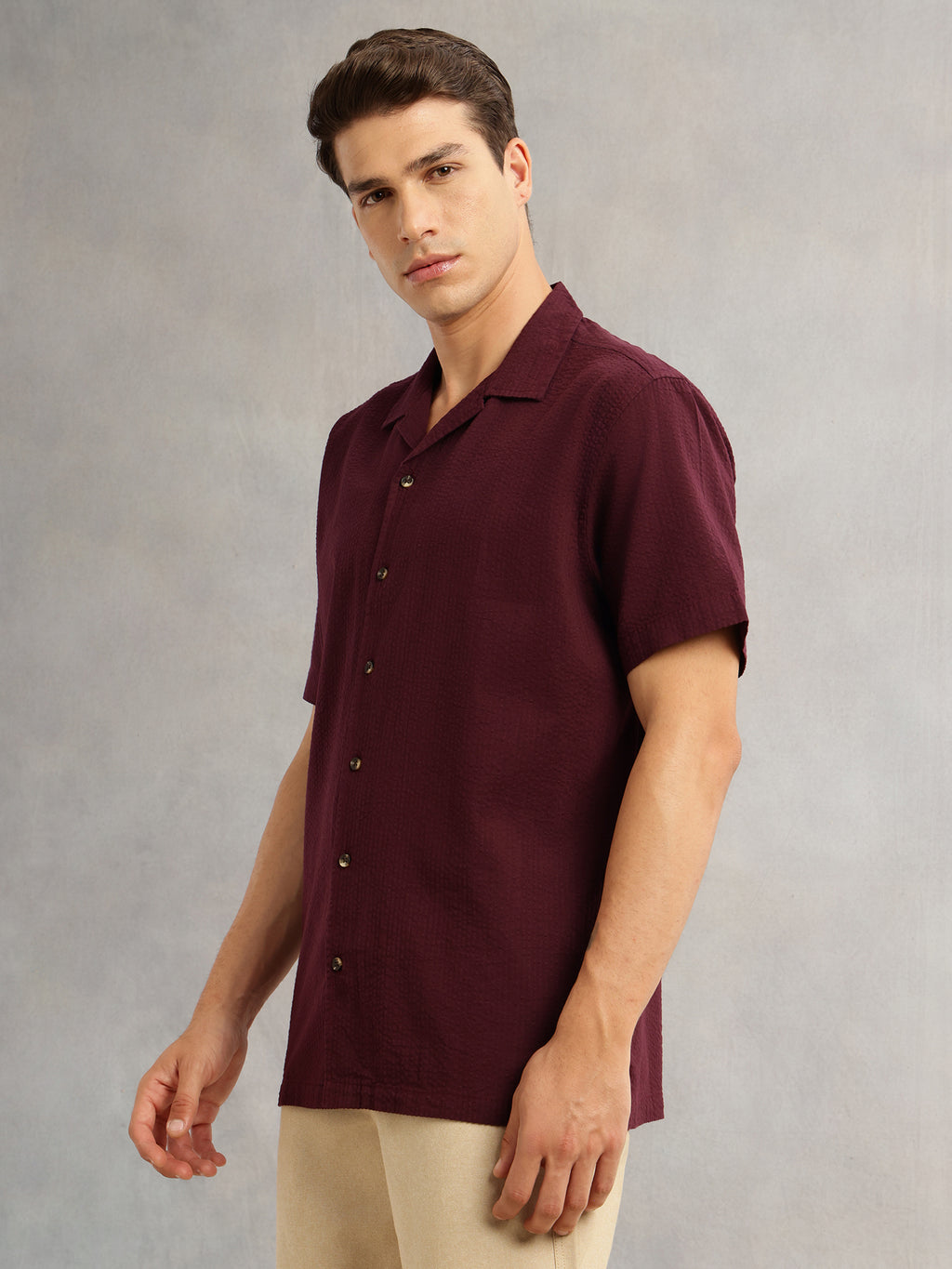 Thomas Scott Men Wine Premium Oversized Fit Short Sleeves Cuban Collar 100% Cotton Seersucker Shirt
