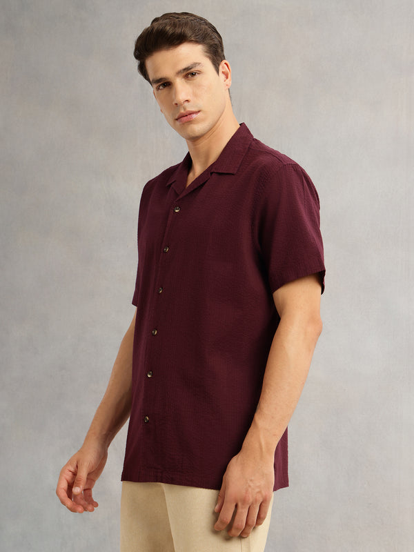 Wine Premium Oversized Fit Short Sleeves Cuban Collar 100% Cotton Seersucker Shirt For Men