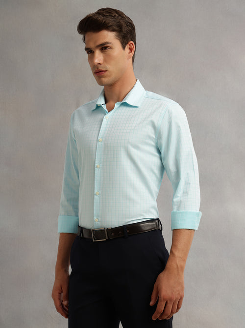 Thomas Scott Men Aqua Premium Long Sleeves Spread Collar Regular Fit Windowpane Checks 100% Cotton Formal Shirt