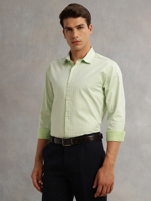 Thomas Scott Men Green Premium Long Sleeves Spread Collar Regular Fit Windowpane Checks 100% Cotton Formal Shirt