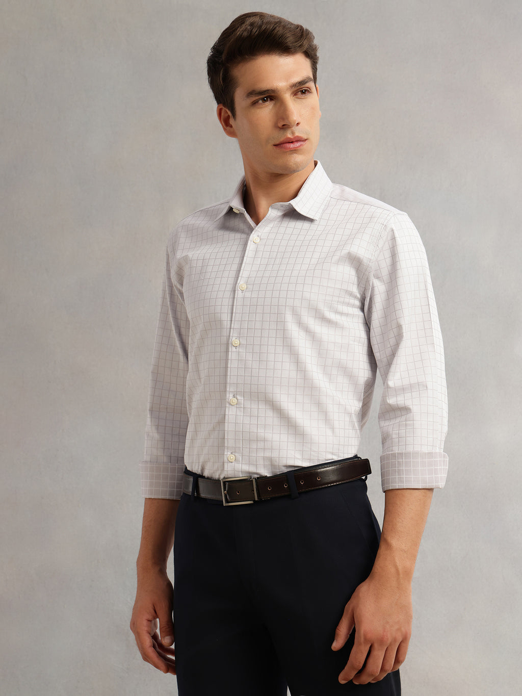 Thomas Scott Men Grey Premium Long Sleeves Spread Collar Regular Fit Windowpane Checks 100% Cotton Formal Shirt