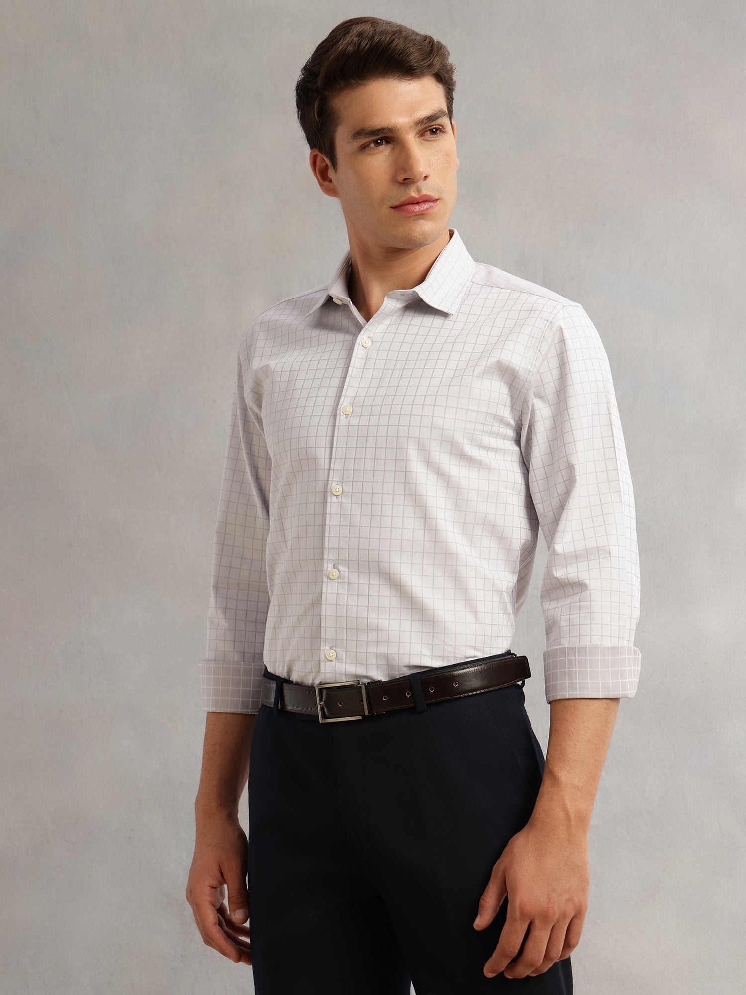 Thomas Scott Men Grey Premium Long Sleeves Spread Collar Regular Fit Windowpane Checks 100% Cotton Formal Shirt