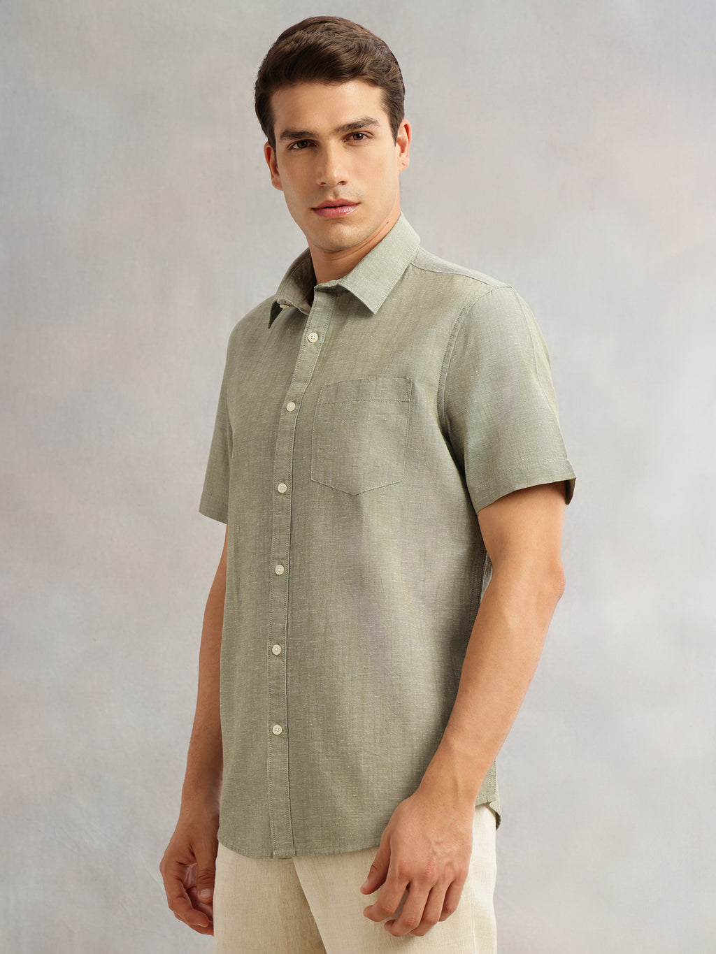 Thomas Scott Men Dark Olive Premium Short Sleeves Slim Fit Spread Collar Solid Cotton Linen Casual Shirt
