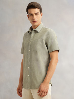 Dark Olive Premium Short Sleeves Slim Fit Spread Collar Solid Cotton Linen Casual Shirt For Men