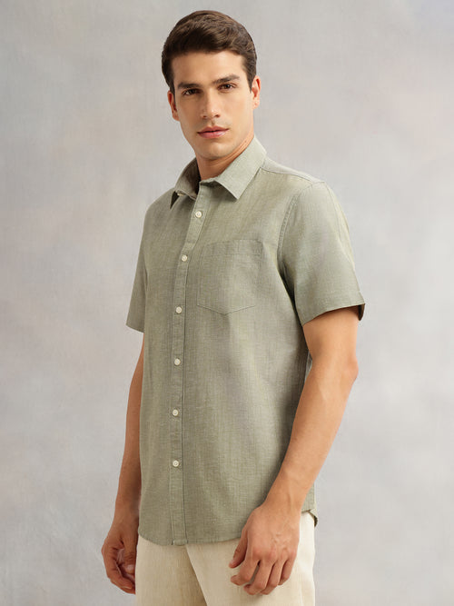 Thomas Scott Men Dark Olive Premium Short Sleeves Slim Fit Spread Collar Solid Cotton Linen Casual Shirt