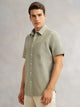 Thomas Scott Men Dark Olive Premium Short Sleeves Slim Fit Spread Collar Solid Cotton Linen Casual Shirt