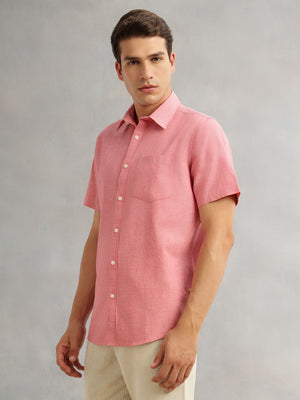 Red Premium Short Sleeves Slim Fit Spread Collar Solid Cotton Linen Casual Shirt For Men