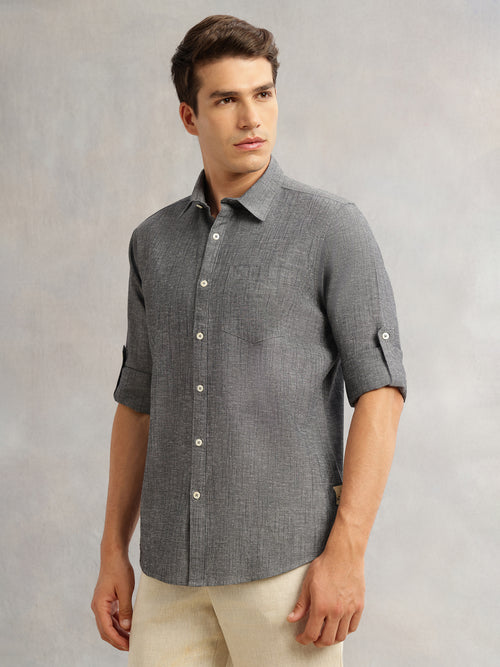 Thomas Scott Men Black Premium Slim Fit Long Roll-Up Sleeves Spread Collar Solid Linen Casual Shirt