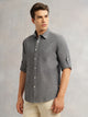 Thomas Scott Men Black Premium Slim Fit Long Roll-Up Sleeves Spread Collar Solid Linen Casual Shirt