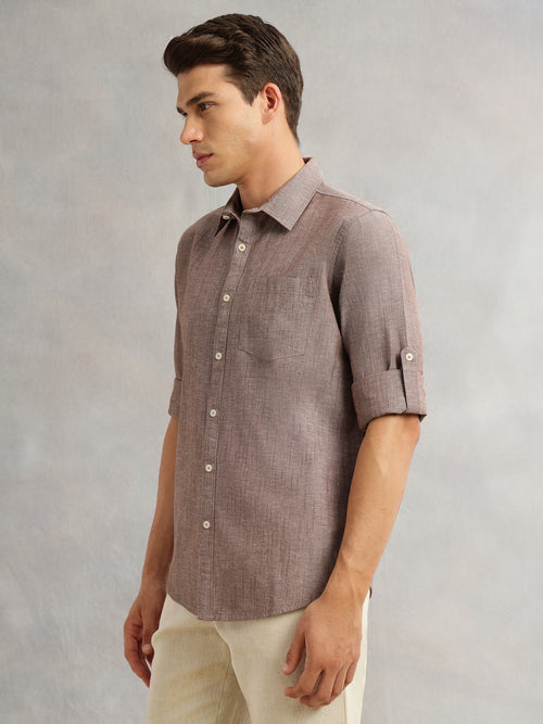 Thomas Scott Men Brown Premium Slim Fit Long Roll-Up Sleeves Spread Collar Solid Linen Casual Shirt