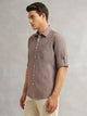 Thomas Scott Men Brown Premium Slim Fit Long Roll-Up Sleeves Spread Collar Solid Linen Casual Shirt