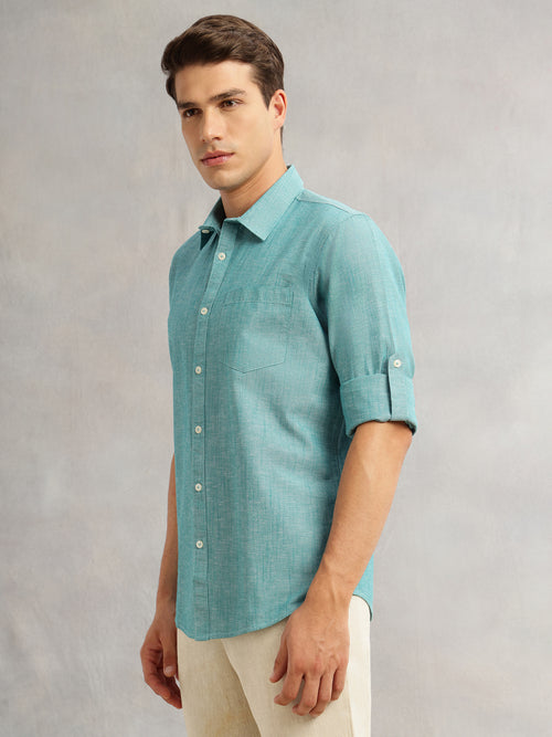 Thomas Scott Men Green Premium Slim Fit Long Roll-Up Sleeves Spread Collar Solid Linen Casual Shirt