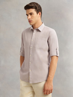 Thomas Scott Men Light Grey Premium Slim Fit Long Roll-Up Sleeves Spread Collar Solid Linen Casual Shirt
