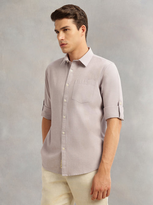 Thomas Scott Men Light Grey Premium Slim Fit Long Roll-Up Sleeves Spread Collar Solid Linen Casual Shirt