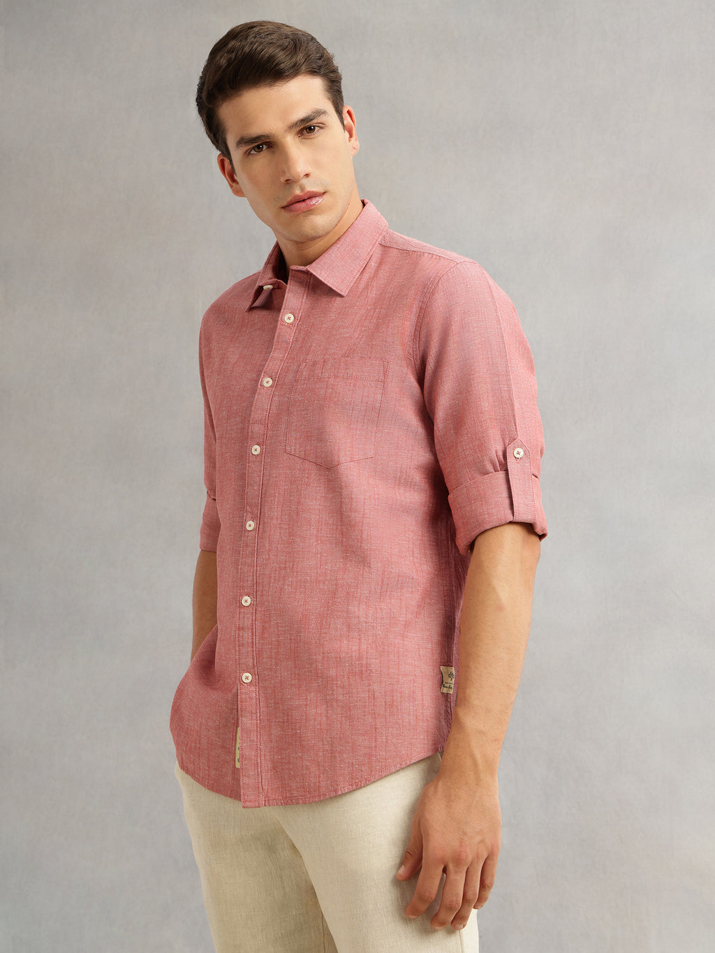 Thomas Scott Men Maroon Premium Slim Fit Long Roll-Up Sleeves Spread Collar Solid Linen Casual Shirt