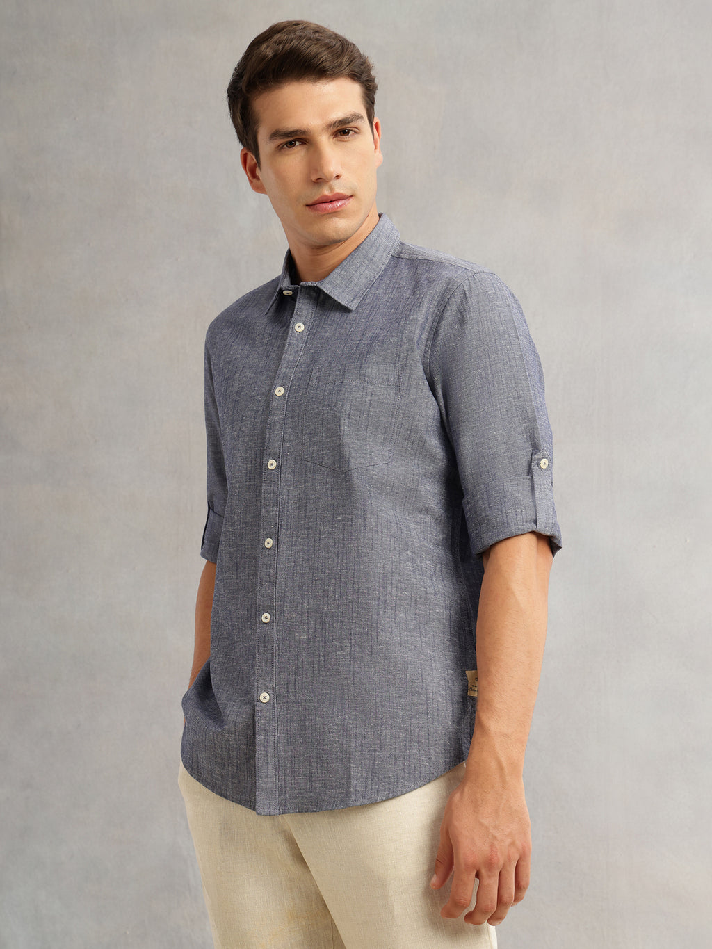 Thomas Scott Men Navy1 Premium Slim Fit Long Roll-Up Sleeves Spread Collar Solid Linen Casual Shirt