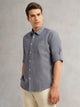 Thomas Scott Men Navy1 Premium Slim Fit Long Roll-Up Sleeves Spread Collar Solid Linen Casual Shirt