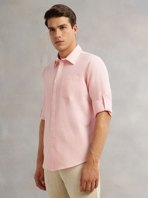 Pink Premium Slim Fit Long Roll-Up Sleeves Spread Collar Solid Linen Casual Shirt For Men