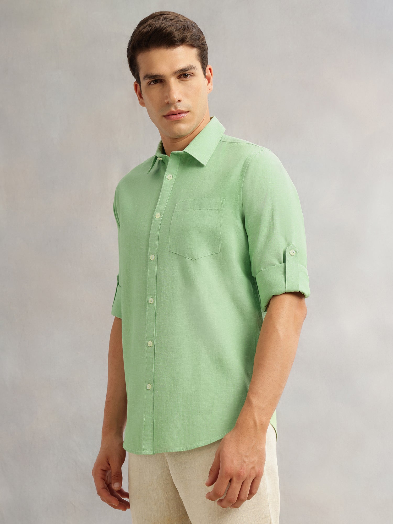 Thomas Scott Men Pista Premium Slim Fit Long Roll-Up Sleeves Spread Collar Solid Linen Casual Shirt