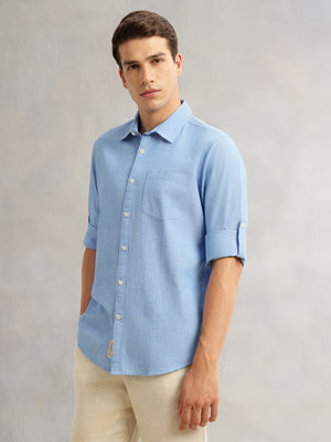 Royal Blue Premium Slim Fit Long Roll-Up Sleeves Spread Collar Solid Linen Casual Shirt For Men