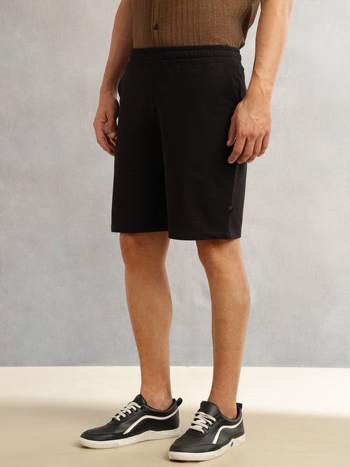 Thomas Scott Men Black Mid-Rise Regular Fit Solid Knee Length Knitted Shorts with Drawstring Closure
