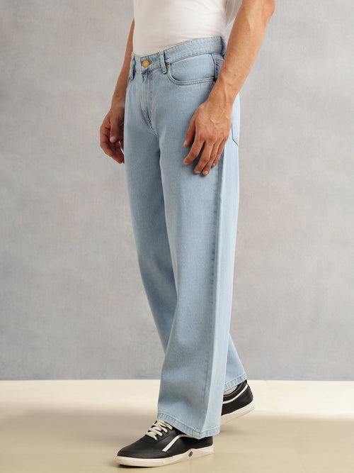 Thomas Scott Men Light Blue Smart Mid Rise Baggy Fit Light Shade 5 Pocket Design Non Stretchable Jeans