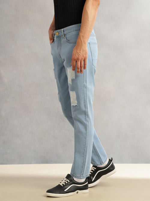 Thomas Scott Men Light Blue Smart Slim Fit Light Wash Highly Distressed Non Stretchable Jeans