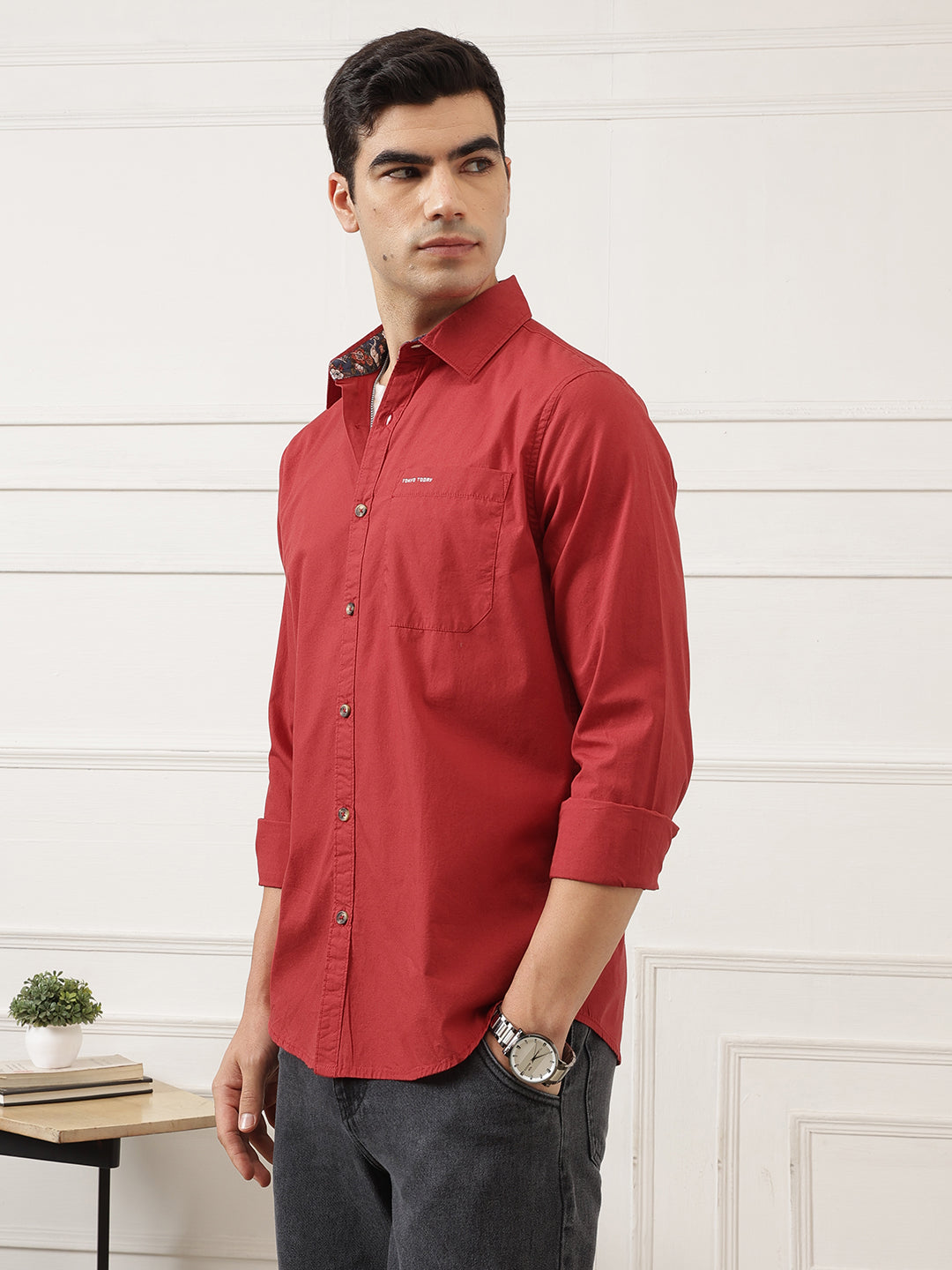 Maroon Premium Regular Fit Long Sleeves Spread Collar Solid Cotton Casual Shirt For Men