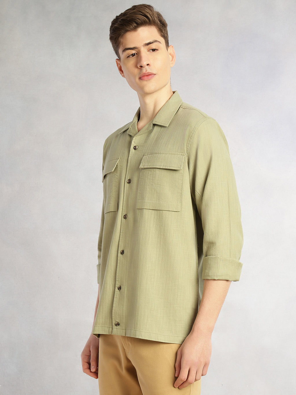 Thomas Scott Men Green Oversize Fit Long Sleeves Cuban Collar Cotton Casual Shirt with Dual Flap Pockets