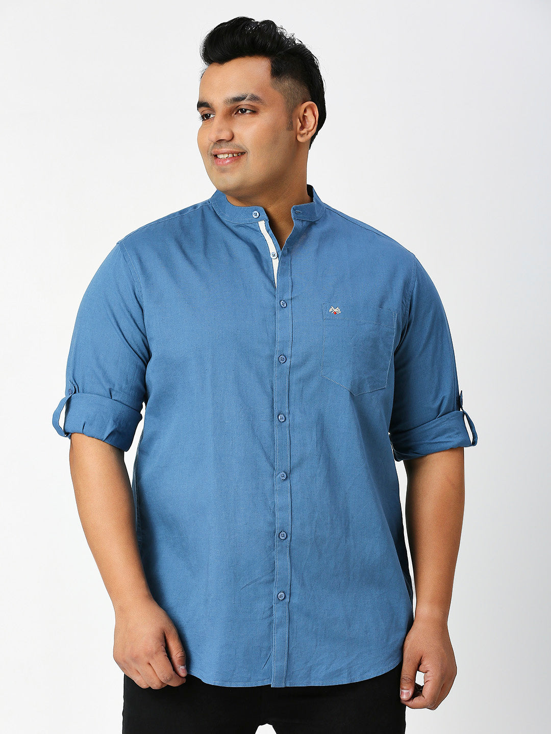 Thomas Scott Men Teal Premium Plus Size Regular Fit Long Sleeves Band Collar Solid Cotton Linen Casual Shirt