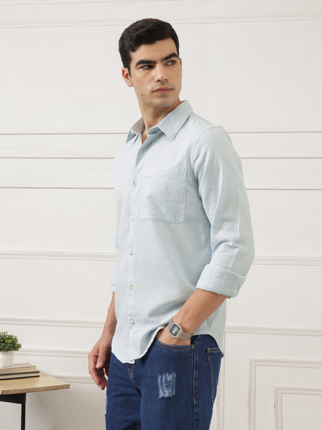 Sky Blue Premium Regular Fit Long Sleeves Spread Collar Textured Cotton Casual Shirt For Men