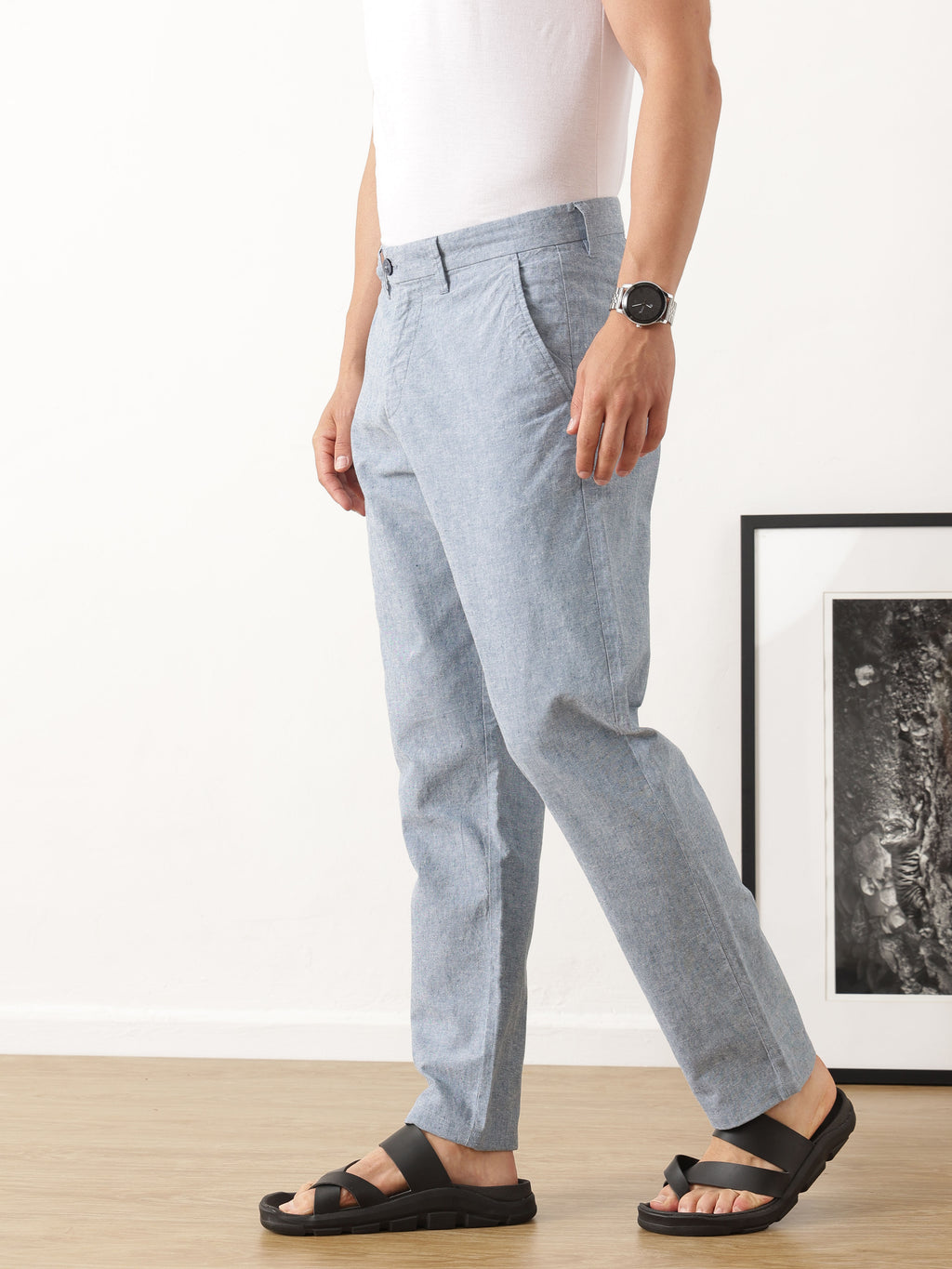Thomas Scott Men Smart Blue Straight Fit Mid-Rise Solid Woven Linen Trouser