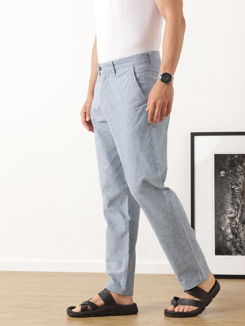 Thomas Scott Men Smart Blue Straight Fit Mid-Rise Solid Woven Linen Trouser