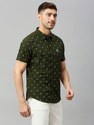 Thomas Scott Men Dark Green Classic Short Sleeves Slim Fit Spread Collar Conversational Printed Cotton Casual Shirt