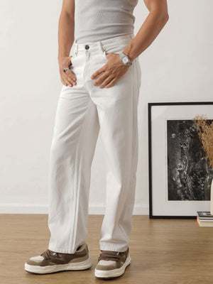 White Baggy Fit Clean Look Non Stretchable Jeans For Men