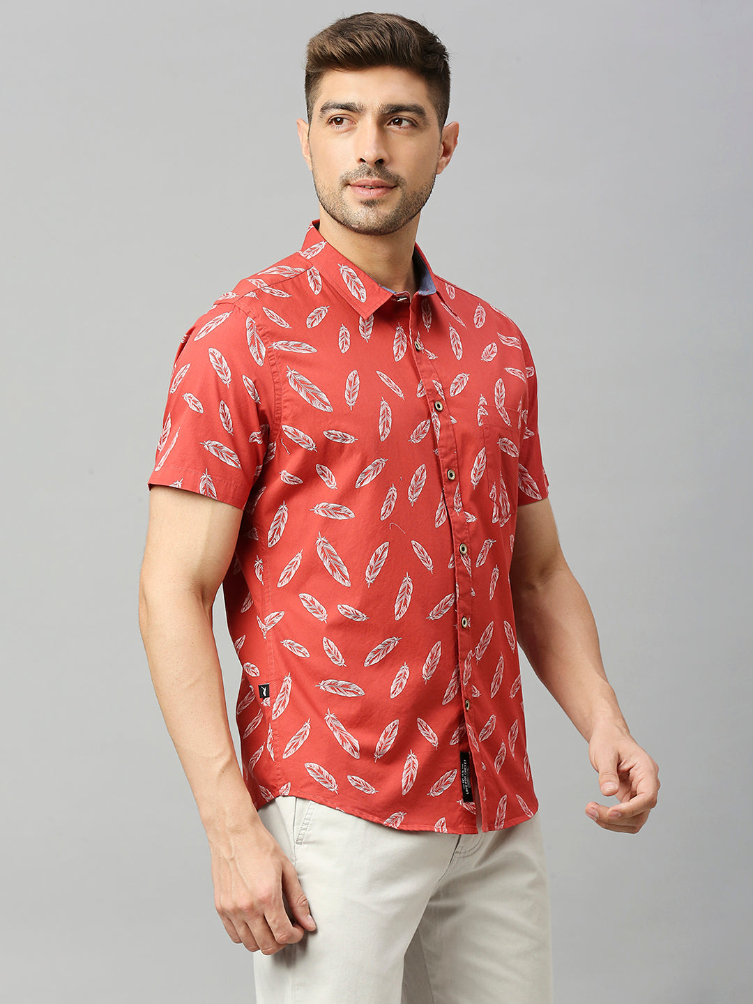 Thomas Scott Men Coral Classic Short Sleeves Slim Fit Spread Collar Floral Printed Cotton Casual Shirt