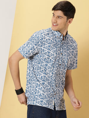 Thomas Scott Men Teal Smart Comfort Fit Short Sleeves Button-Down Collar Floral Printed Cotton Casual Shirt