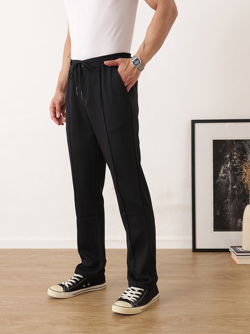 Thomas Scott Men Black Smart Regular Fit Mid-Rise Textured Pleated Knitted Casual Trousers with Drawstring Closure