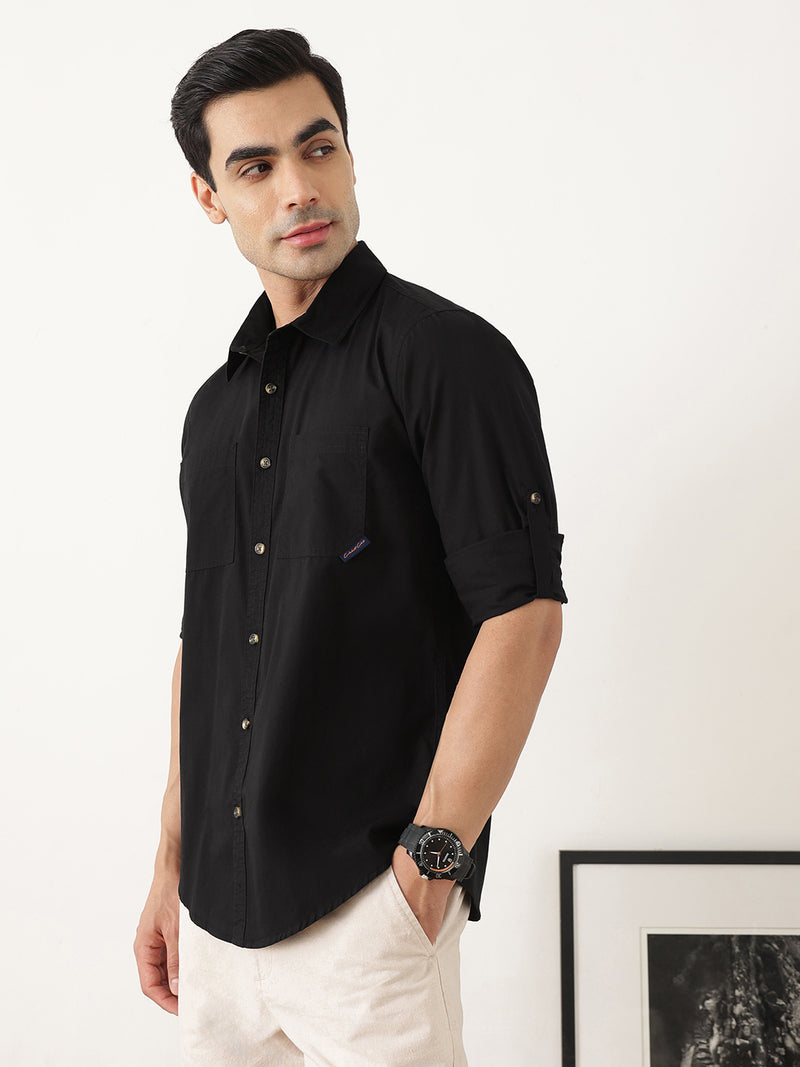 Thomas Scott Men Black Premium Slim Fit Long Roll-Up Sleeves Spread Collar Solid Cotton Casual Shirts