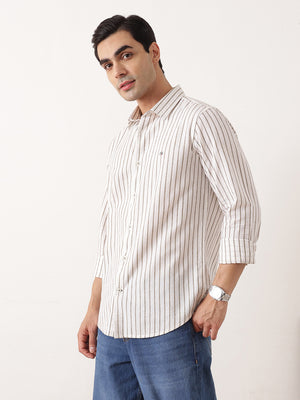 Thomas Scott Men Olive Premium Regular Fit Long Sleeves Spread Collar Vertical Stripes Cotton Linen Casual Shirts