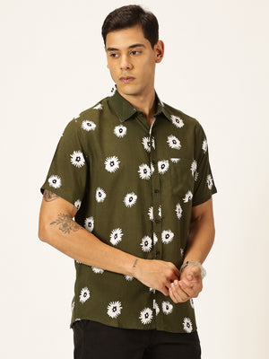 Thomas Scott Men Green Premium Short Sleeves Slim Fit Spread Collar Floral Printed Casual Shirt